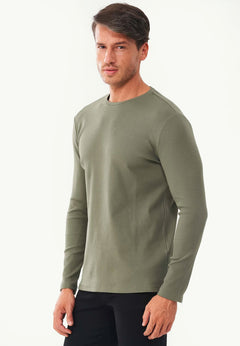Men's Long-Sleeved Ribbed O-Neck Shirt Khaki