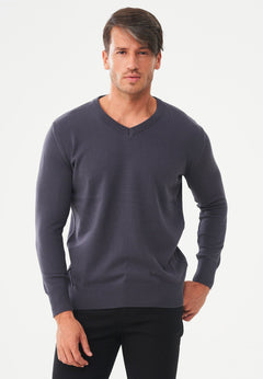 Men's V-Neck Organic Cotton Sweater Asphalt