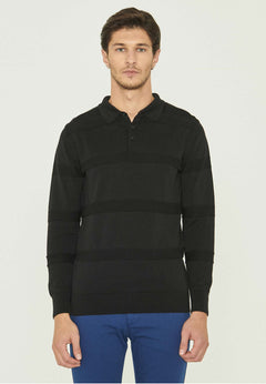 Men's Polo Collar Striped Knit Sweater Black