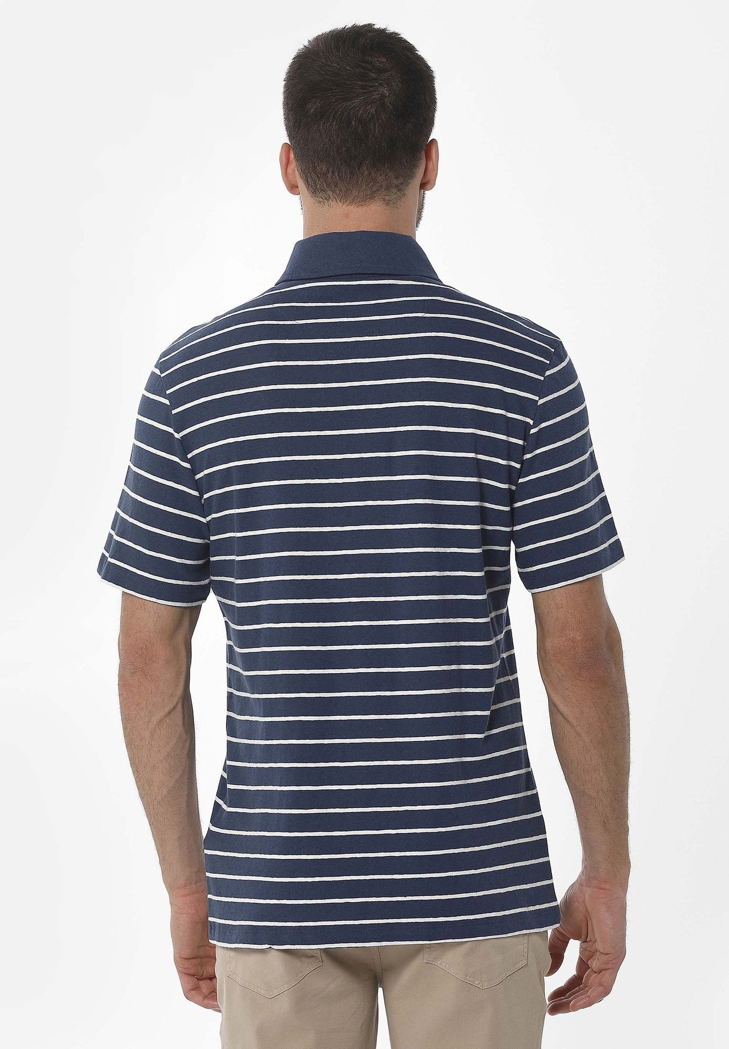 Men's Striped Polo Shirt Organic Cotton Linen Blend Navy/Off-White