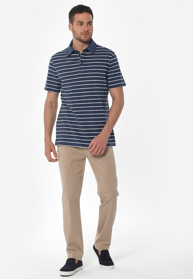 Men's Striped Polo Shirt Organic Cotton Linen Blend Navy/Off-White