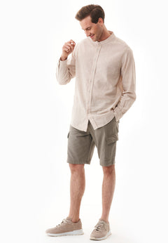 Men's Striped Linen Blend Stand-Up Collar Shirt Sand / Ecru