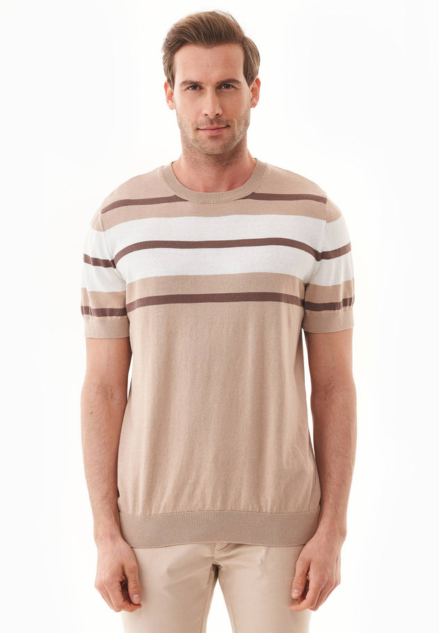 Men's Fine-Knit Organic Cotton T-Shirt Striped Beige/Deep Taupe/Off-White