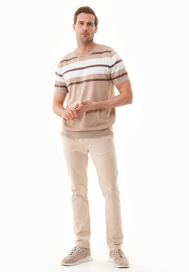Men's Fine-Knit Organic Cotton T-Shirt Striped Beige/Deep Taupe/Off-White