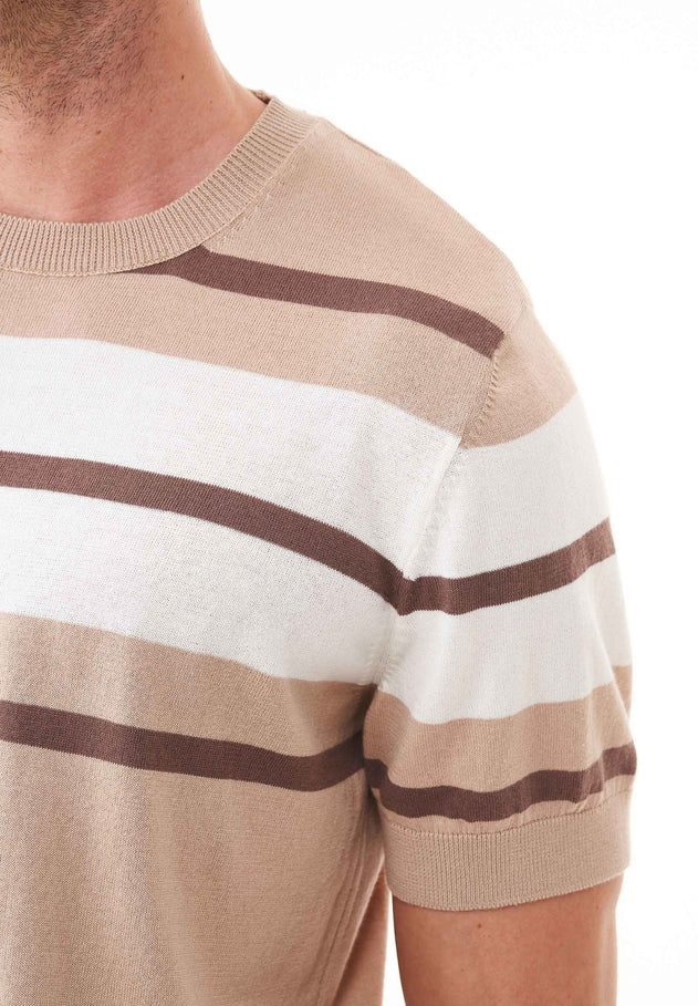 Men's Fine-Knit Organic Cotton T-Shirt Striped Beige/Deep Taupe/Off-White