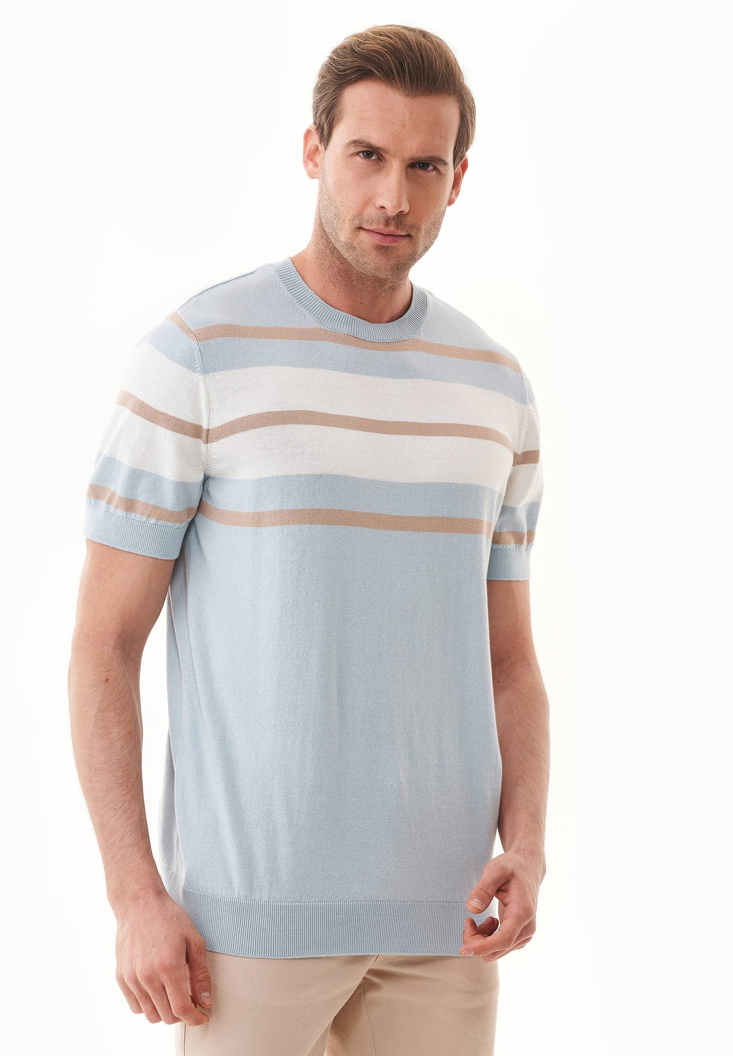 Men's Fine-Knit Organic Cotton T-Shirt Striped Blue Haze/Beige/Off-White