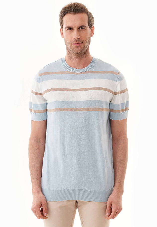 Men's Fine-Knit Organic Cotton T-Shirt Striped Blue Haze/Beige/Off-White