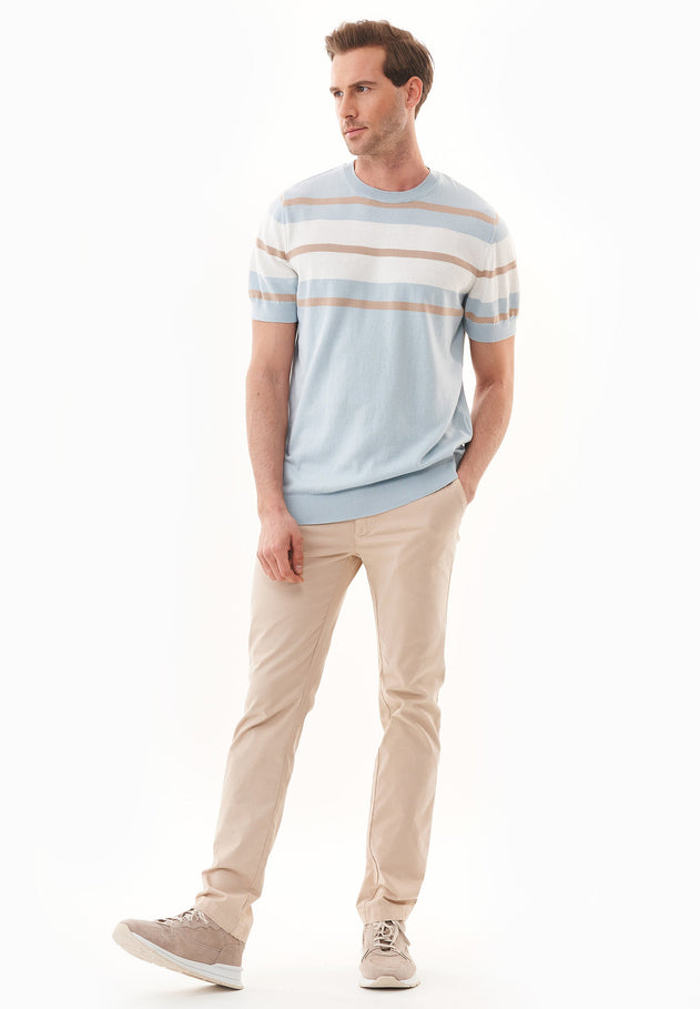 Men's Fine-Knit Organic Cotton T-Shirt Striped Blue Haze/Beige/Off-White