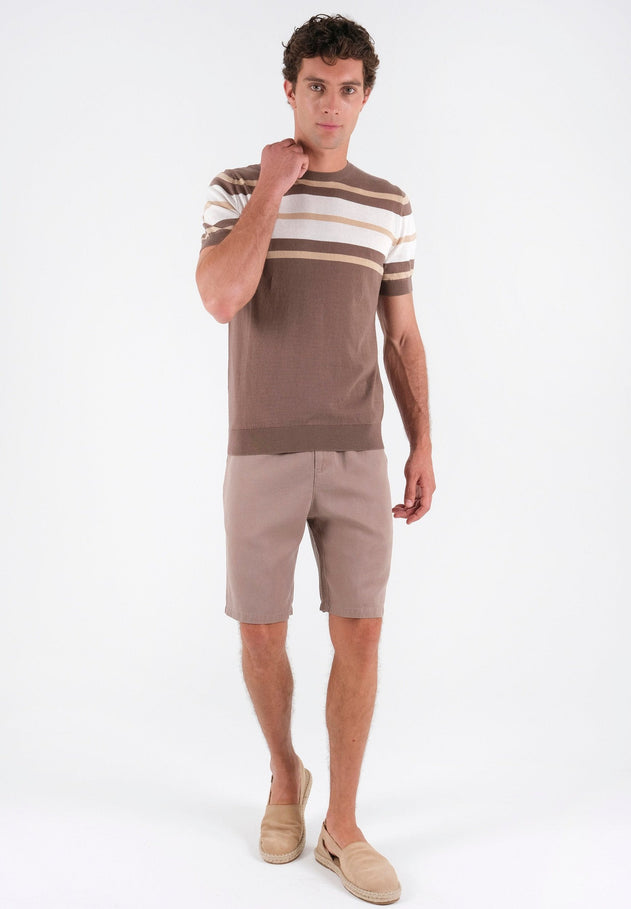 Men's Fine-Knit Organic Cotton T-Shirt Striped Deep Taupe/Beige/Off-White