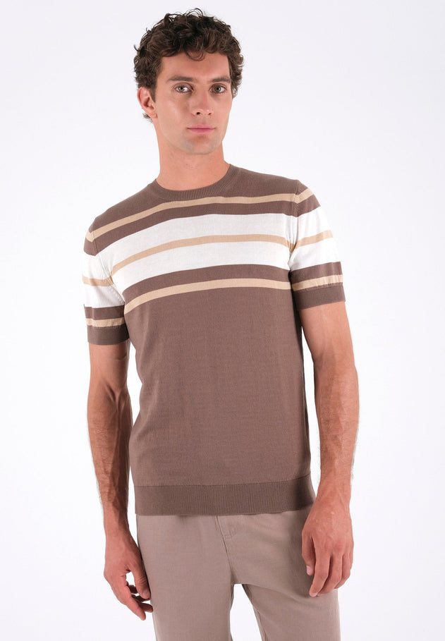 Men's Fine-Knit Organic Cotton T-Shirt Striped Deep Taupe/Beige/Off-White