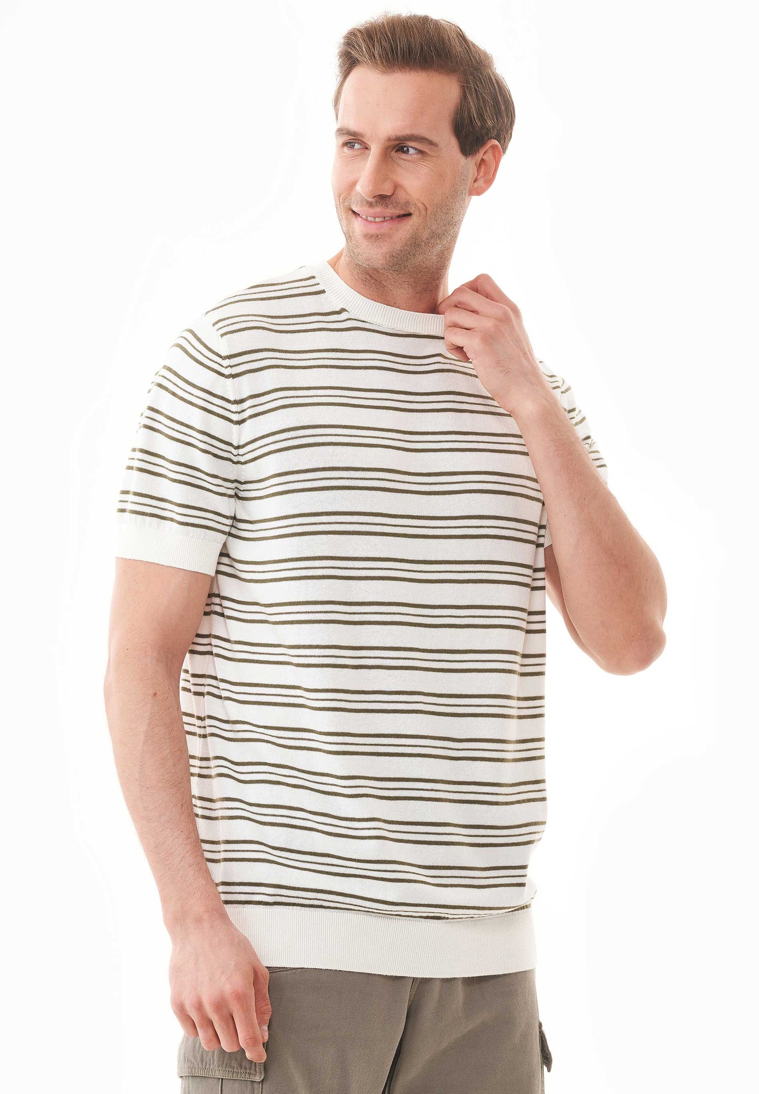 Men's Fine-Knit Organic Cotton T-Shirt Striped Off-White/Khaki
