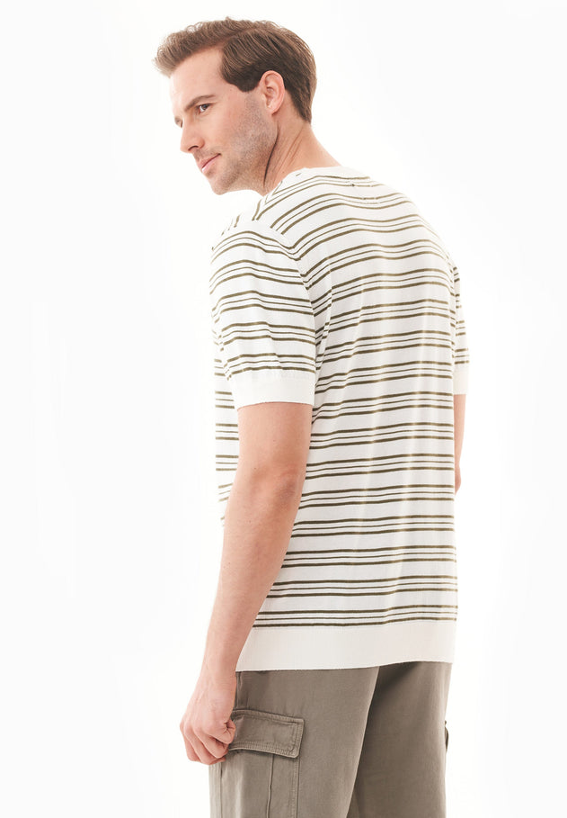 Men's Fine-Knit Organic Cotton T-Shirt Striped Off-White/Khaki