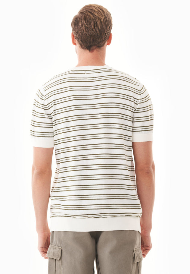 Men's Fine-Knit Organic Cotton T-Shirt Striped Off-White/Khaki