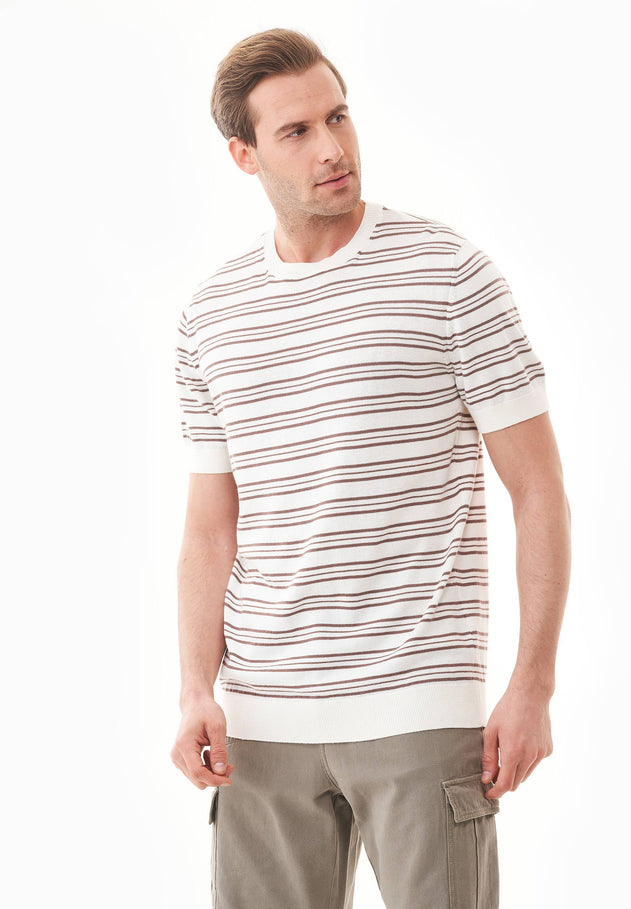 Men's Fine-Knit Organic Cotton T-Shirt Striped Off-White/Deep Taupe