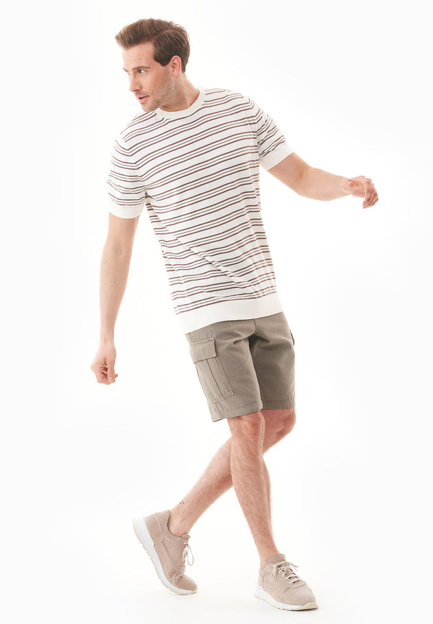 Men's Fine-Knit Organic Cotton T-Shirt Striped Off-White/Deep Taupe