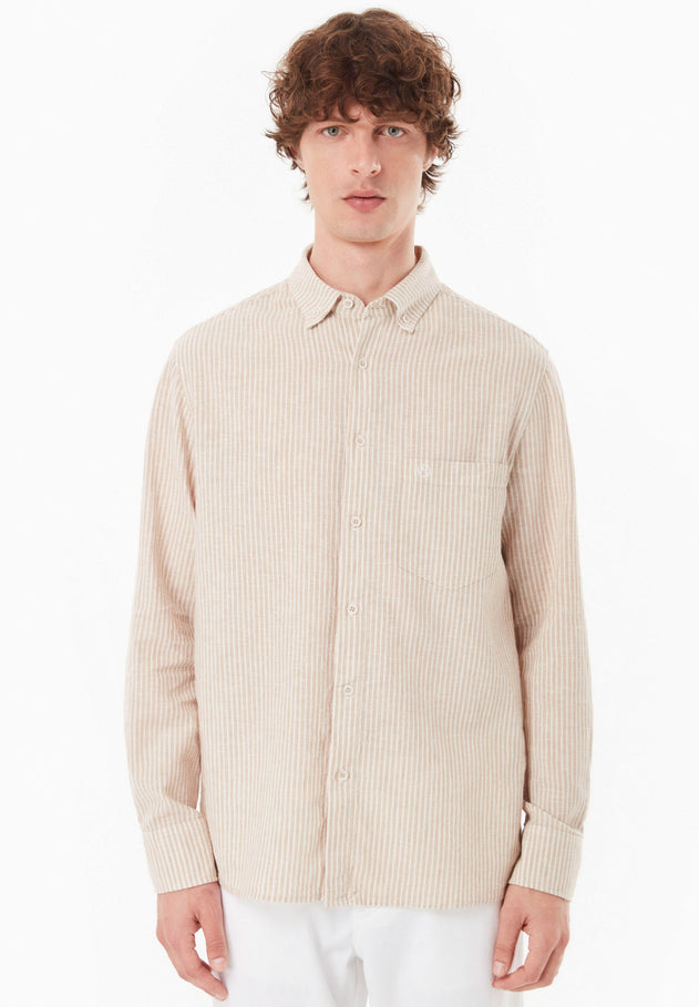 Men's Striped Linen Blend Button-Up Shirt Beige/Off White