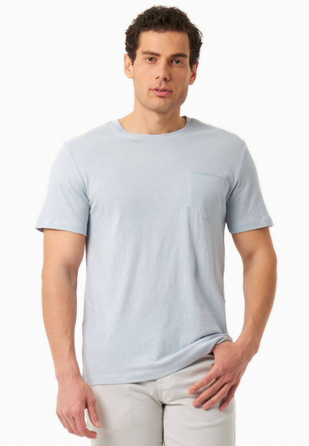 Men's Linen Blend T-Shirt With Chest Pocket Niagara Blue