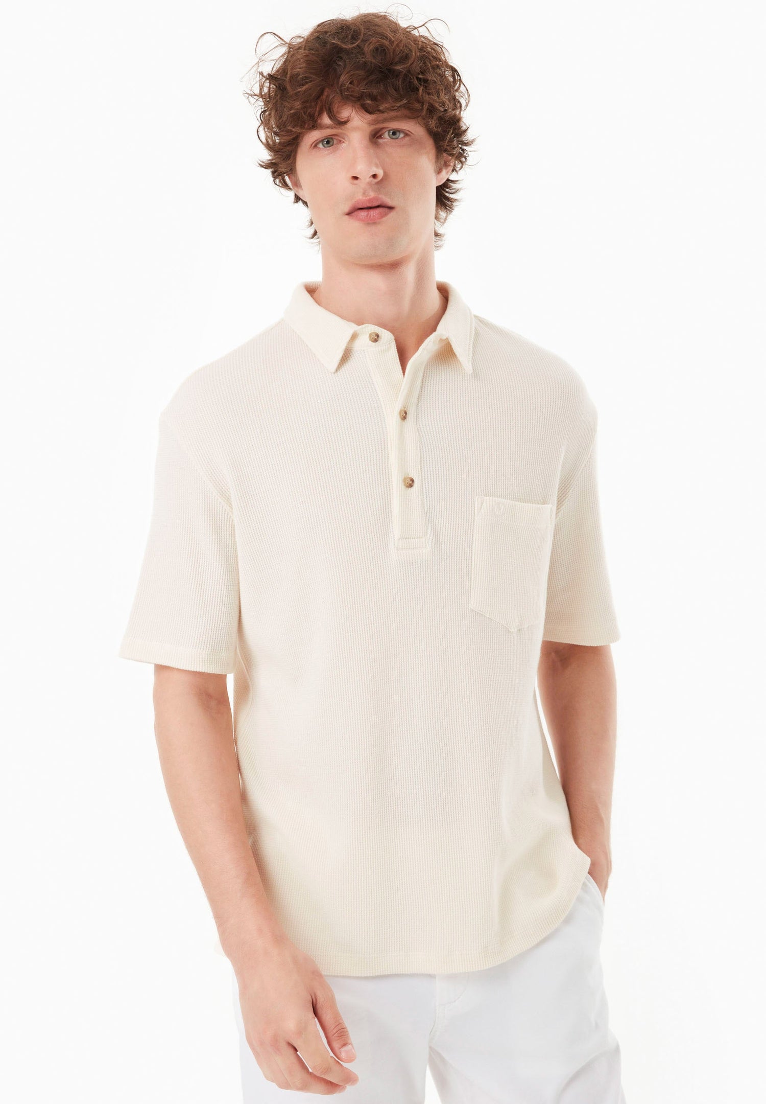 Men's Short Sleeved Waffle Polo Shirt Natural