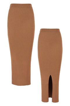 Madonna Reversible Ribbed-Knit Midi Skirt Caramel