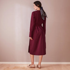 Long Sleeve Midi Wrap Dress Wine Red