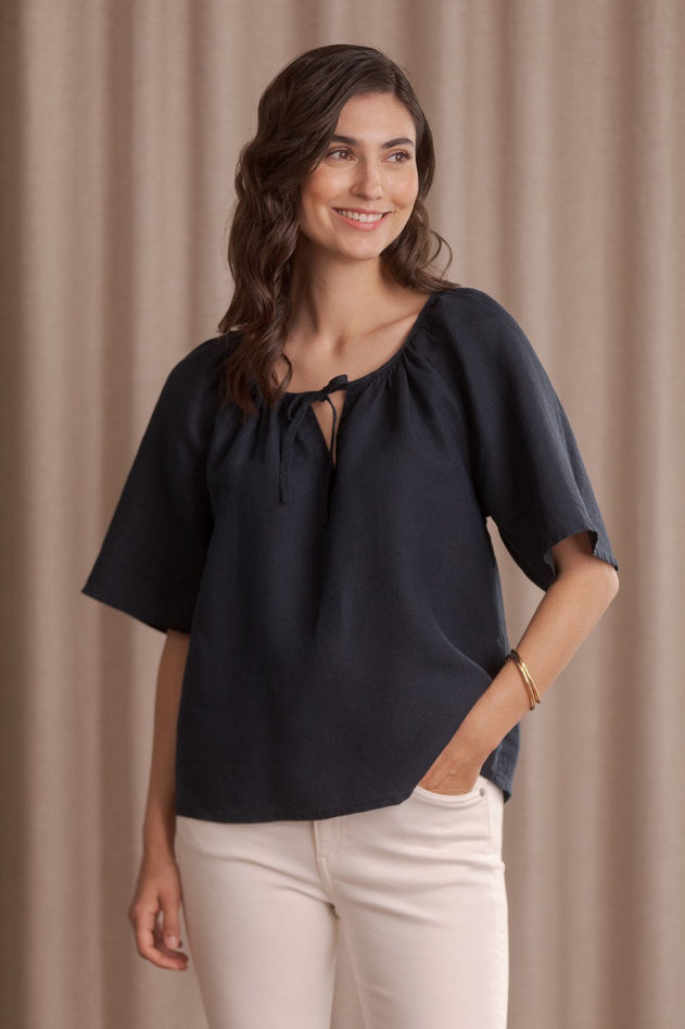 Lila Wide-sleeved Linen Shirt Dark Navy