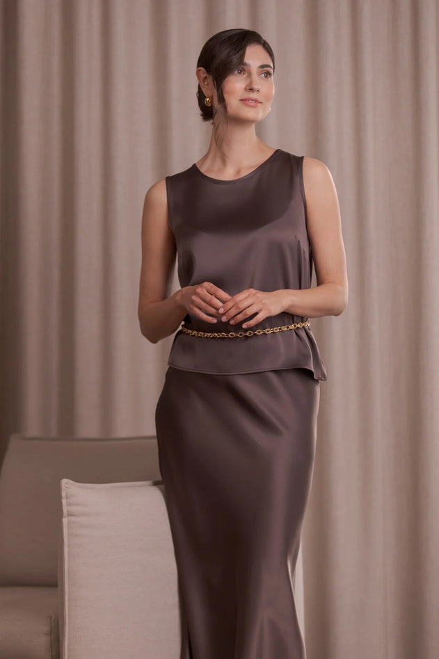 Tia Sleeveless Satin Top Dark Chocolate