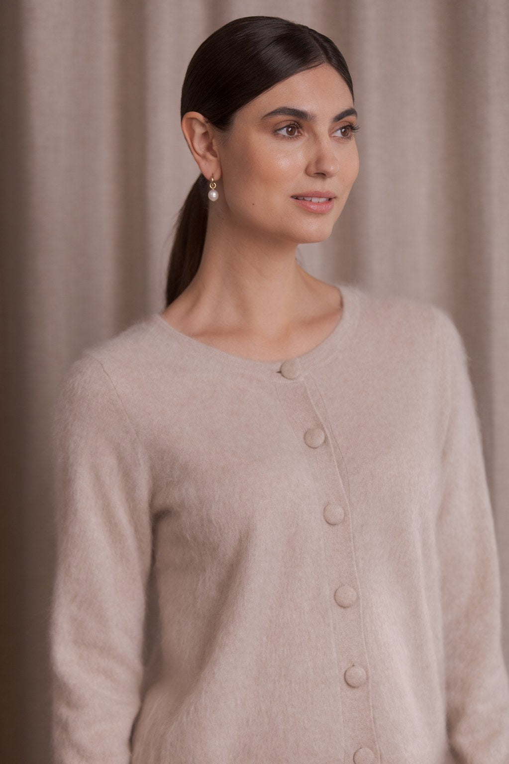 Long-sleeved Cashmere Cardigan Latte