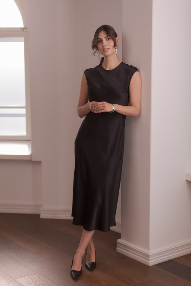 Satin Midi Dress Black