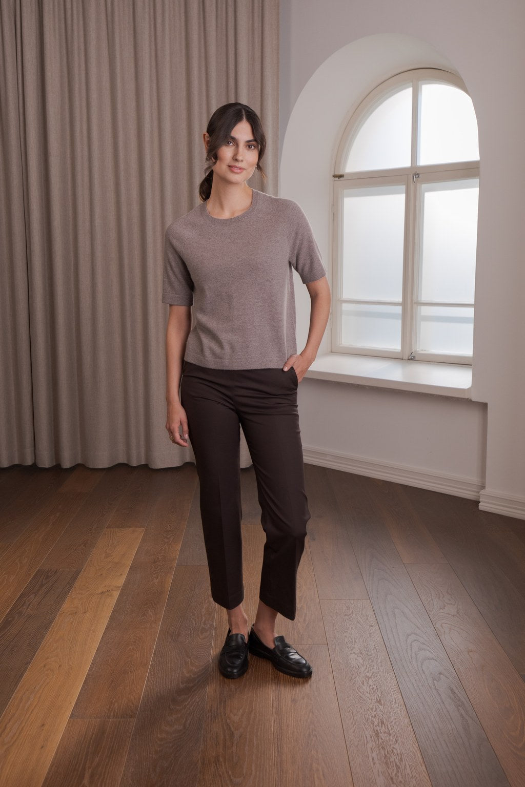 Short-Sleeved Plain Cashmere Sweater Nougat