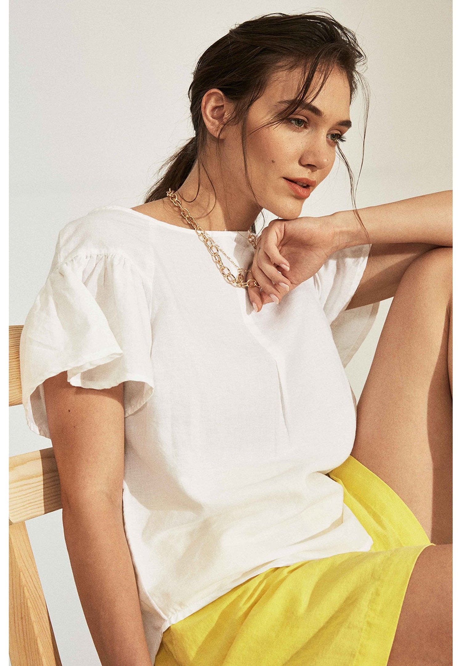 Round Neck Linen Cotton Blend Blouse Off-White