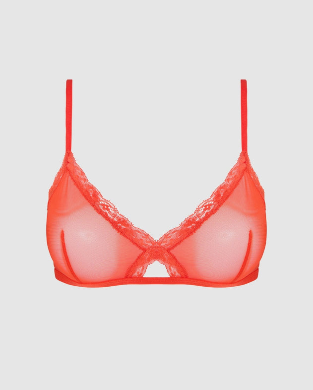 Mesh Lace Trim Triangle Bralette Fiery Red