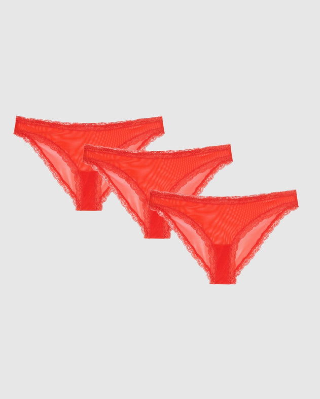 Mesh Lace Trim Bikini Briefs 3-Pack Fiery Red