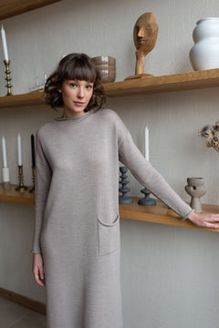 Longline Merino Wool Dress With Turn-Up Trims Beige