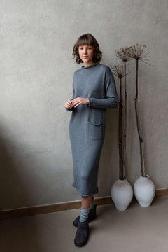 Longline Merino Wool Dress With Turn-Up Trims Grey