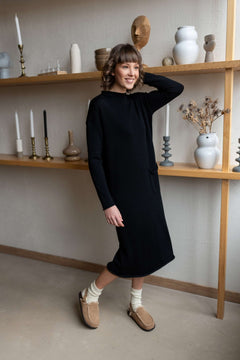 Longline Merino Wool Dress With Turn-Up Trims Black