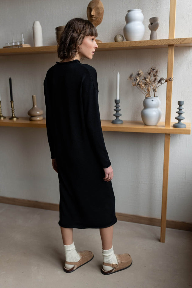 Longline Merino Wool Dress With Turn-Up Trims Black