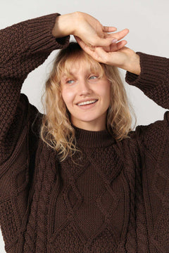 Chocolate merino wool sweater, side view