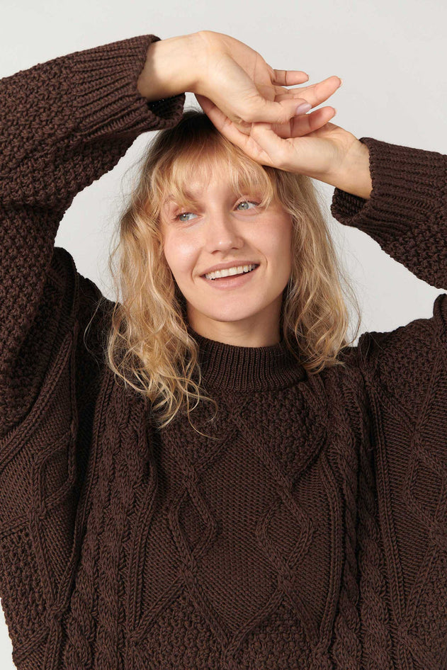 Chocolate merino wool sweater, side view
