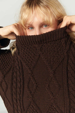 Chocolate merino wool sweater, detail view