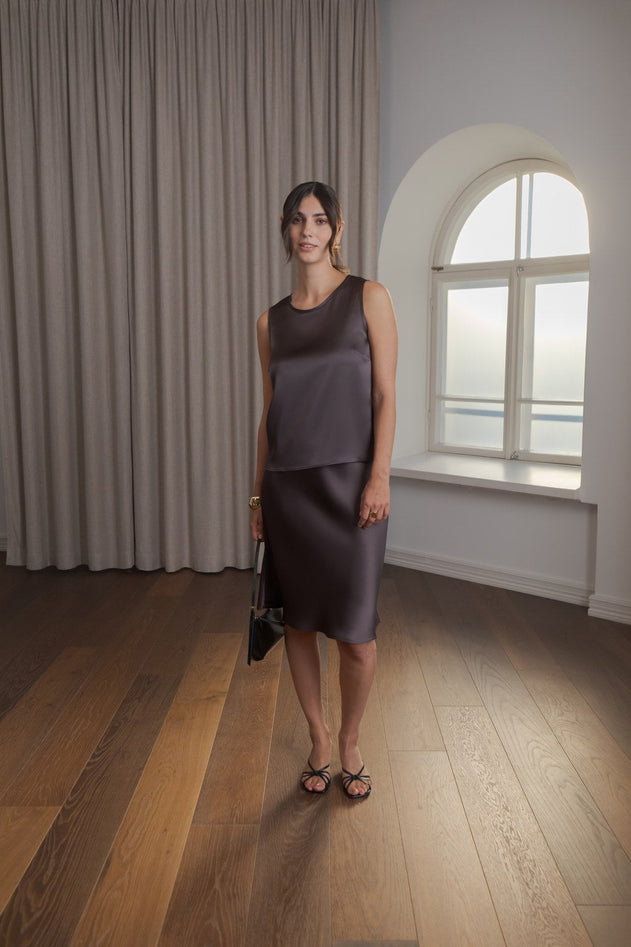 Tia Sleeveless Satin Top Dark Chocolate