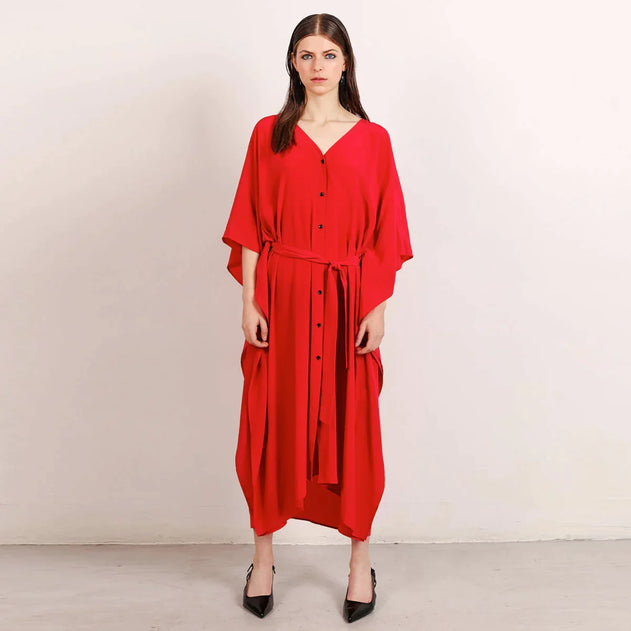 Riviera Long Silk Caftan Dress Raspberry Red