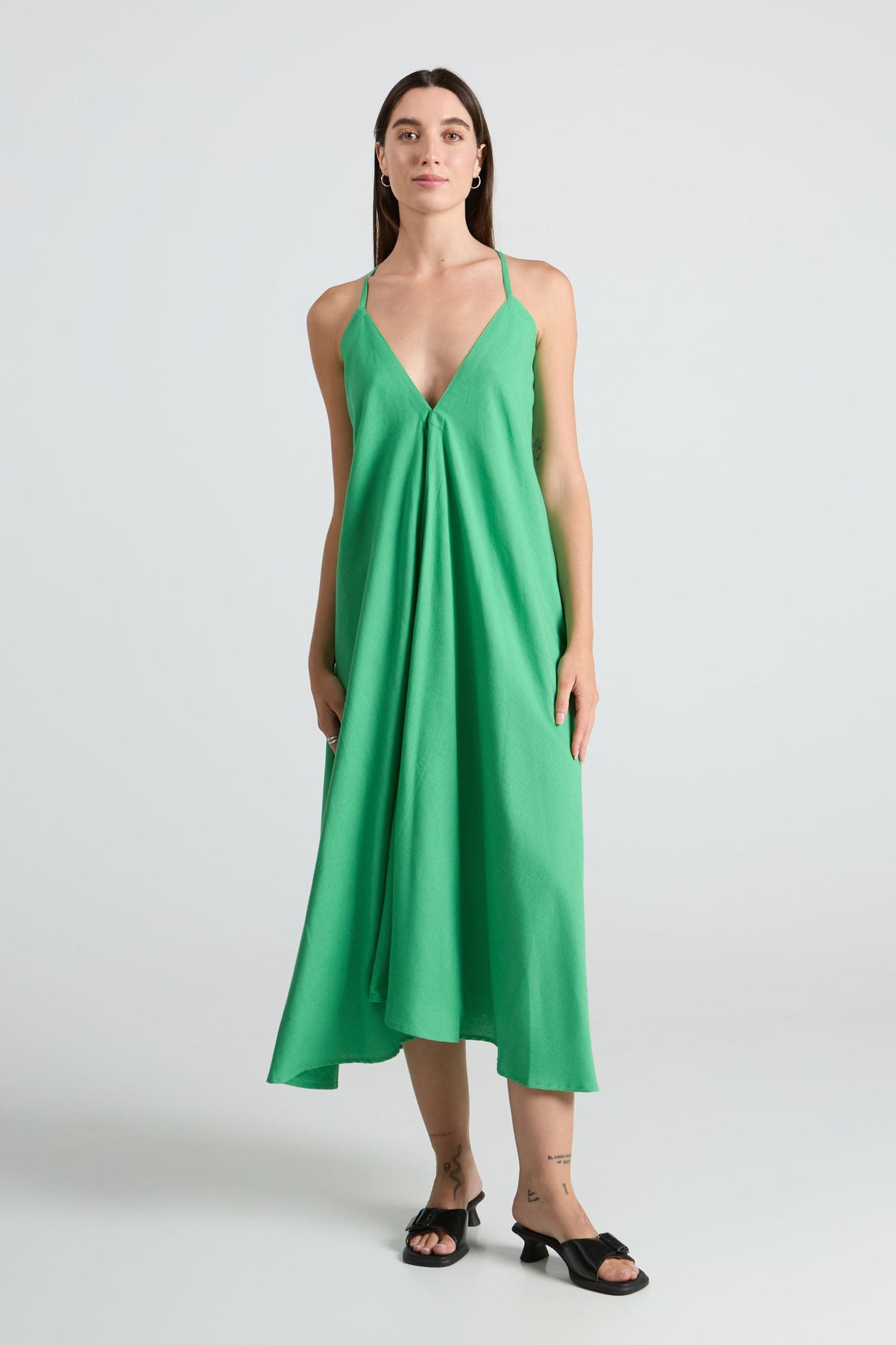 Multiposition Midi Cotton-Linen Dress Green