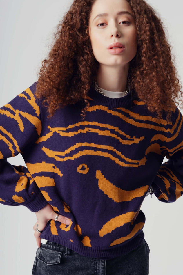 Navy tiger print organic cotton jumper, front view