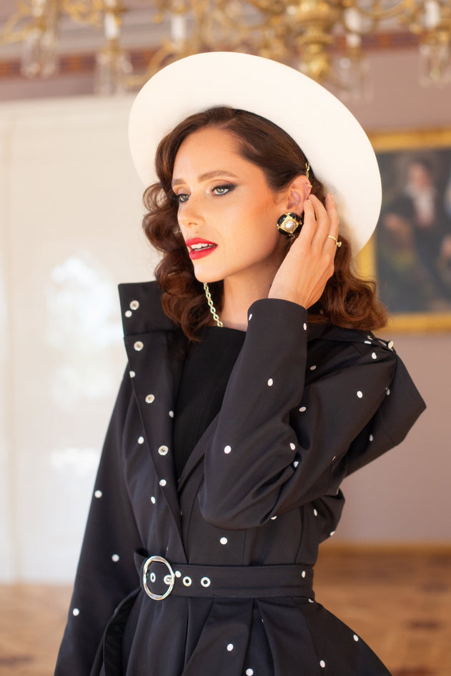 Fitted and Flared Coat with A-Line Skirt in Black with Polka Dots