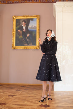 Fitted and Flared Coat with A-Line Skirt in Black with Polka Dots