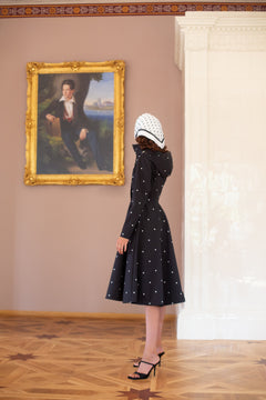 Fitted and Flared Coat with A-Line Skirt in Black with Polka Dots