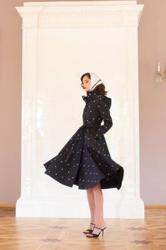 Fitted and Flared Coat with A-Line Skirt in Black with Polka Dots