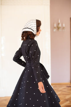 Fitted and Flared Coat with A-Line Skirt in Black with Polka Dots