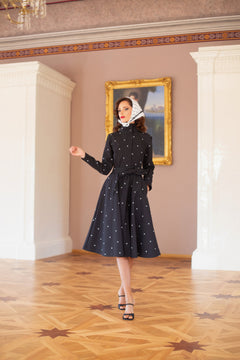 Fitted and Flared Coat with A-Line Skirt in Black with Polka Dots