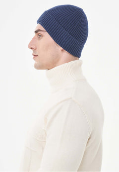 Ribbed Merino Wool Blend Beanie Petrol Blue